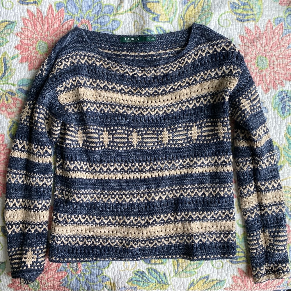 ralph lauren boho blue & tan sweater (size S)